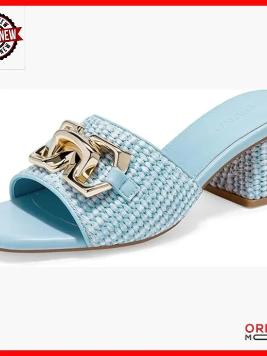 Raffia Slide Sandals Chunky Block Heel Square Open Toe Metal Chain Mules - Picture 1 of 3